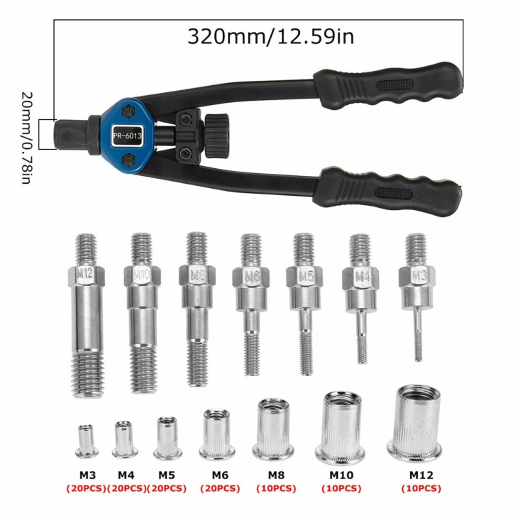 126Pcs Rivet Nut Kit M3 M4 M5 M6 M8 M10 M12 Kézi Manual Riveter Menetes ...
