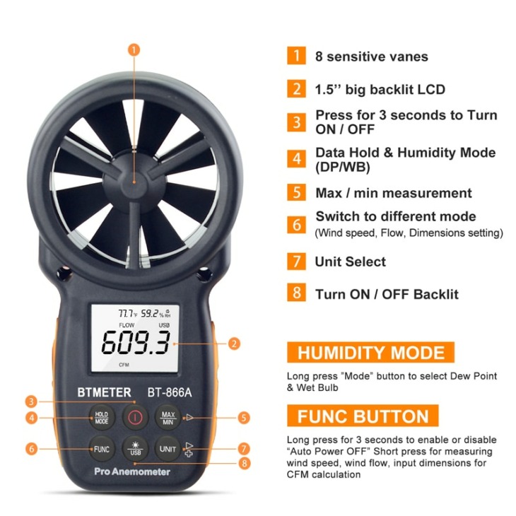 866A Digital Anemometer - Measures Wind Speed, CFM & Temperature