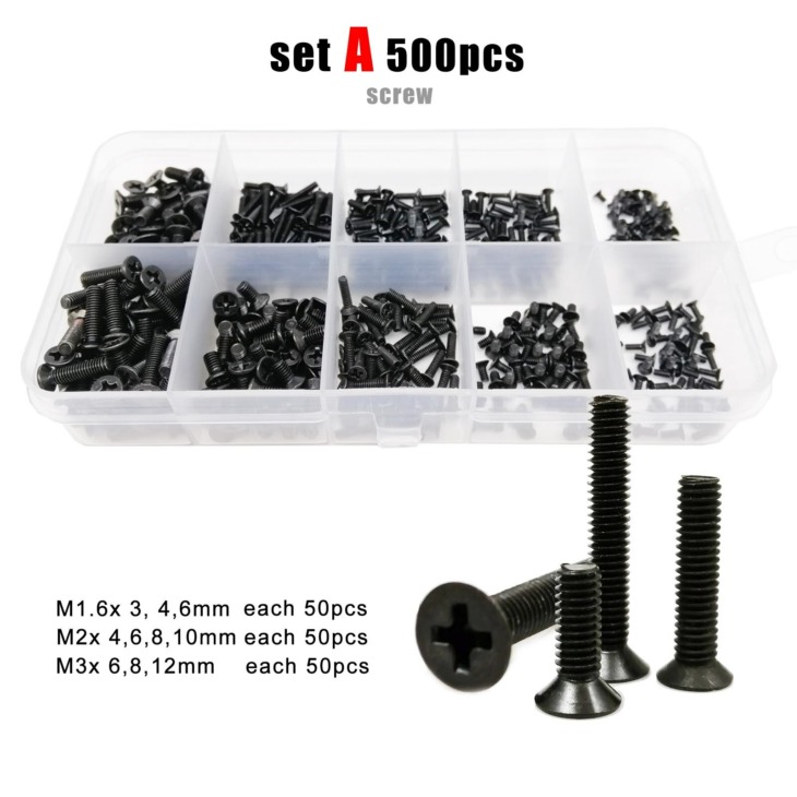 500/750/1500Pcs M1.4 M1.6 M2 M2,5 M3 Fekete Mini Micro Phillips Cross Flat Counterersunk Head Csavaros Csavaranya Set Assortment Kit Box