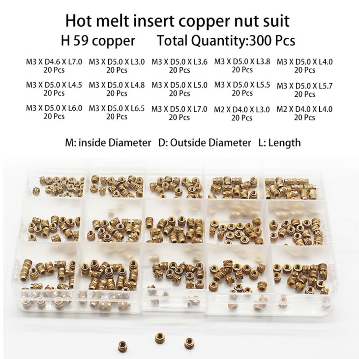 Menettel Recézett Menetes Beágyazottsága Hot Melt Insert Brass Nuts Választék Kit 3D-S Nyomtatás Fröccsöntés