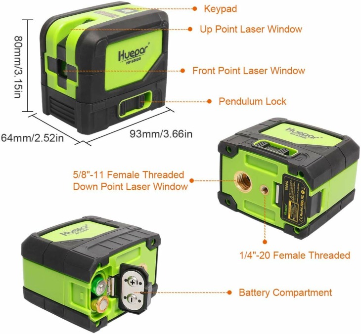Huepar 9300G 3 Point Laser Önterülő Zöld Beam Laser Level Plumb Spots ...